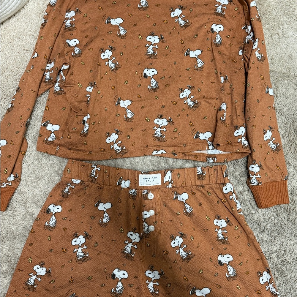 American Eagle Outfitters Pajama Set in Brown with Snoopy Print
